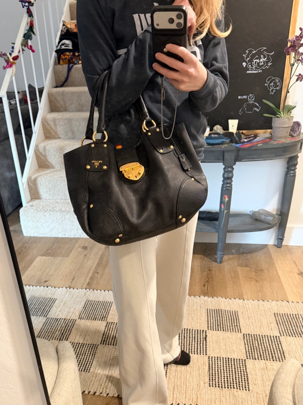 Prada Black Pebbled Leather Shoulder Bag with Gold-Tone Hardware - Picture 6 of 9
